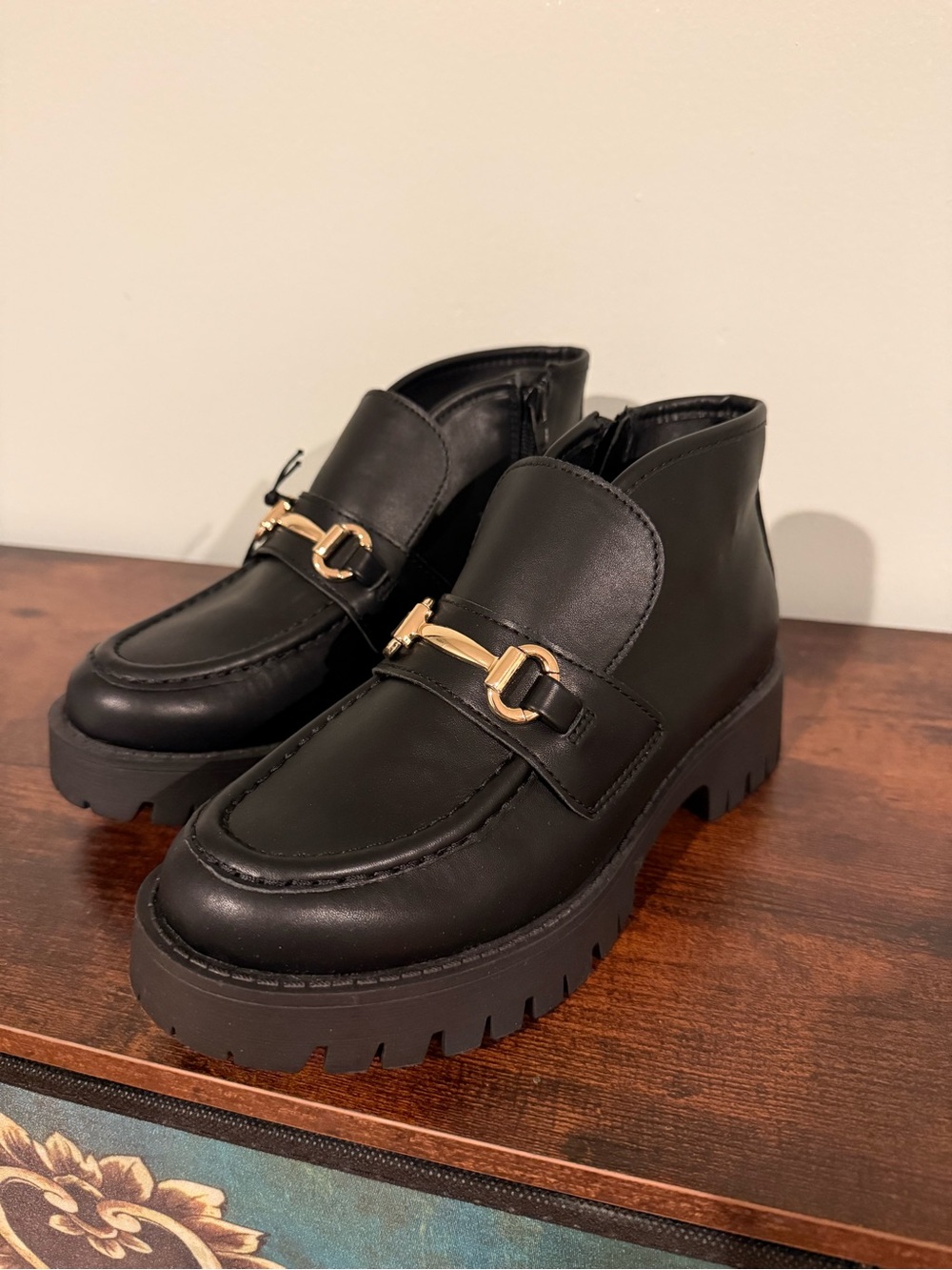 Black Lug Sole Loafer Boot with Gold Bit Accent